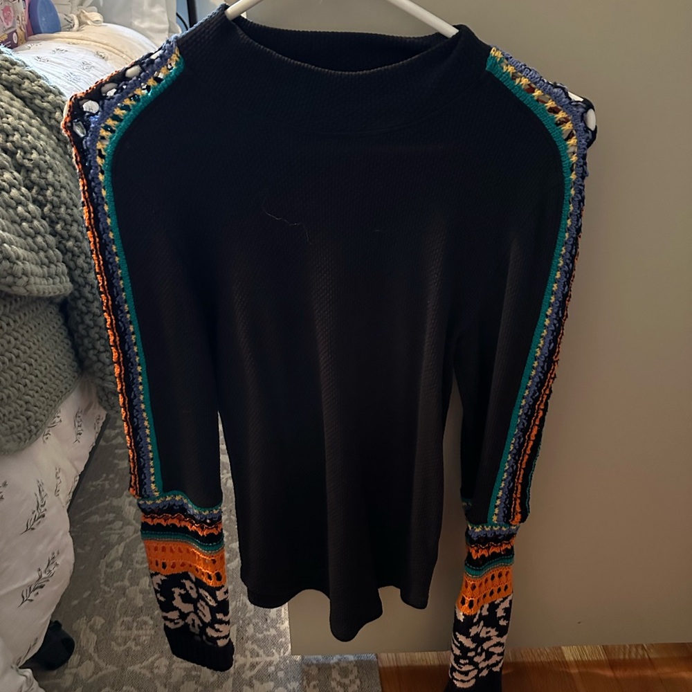 Free People thermal with Colorful Crochet Sleeves